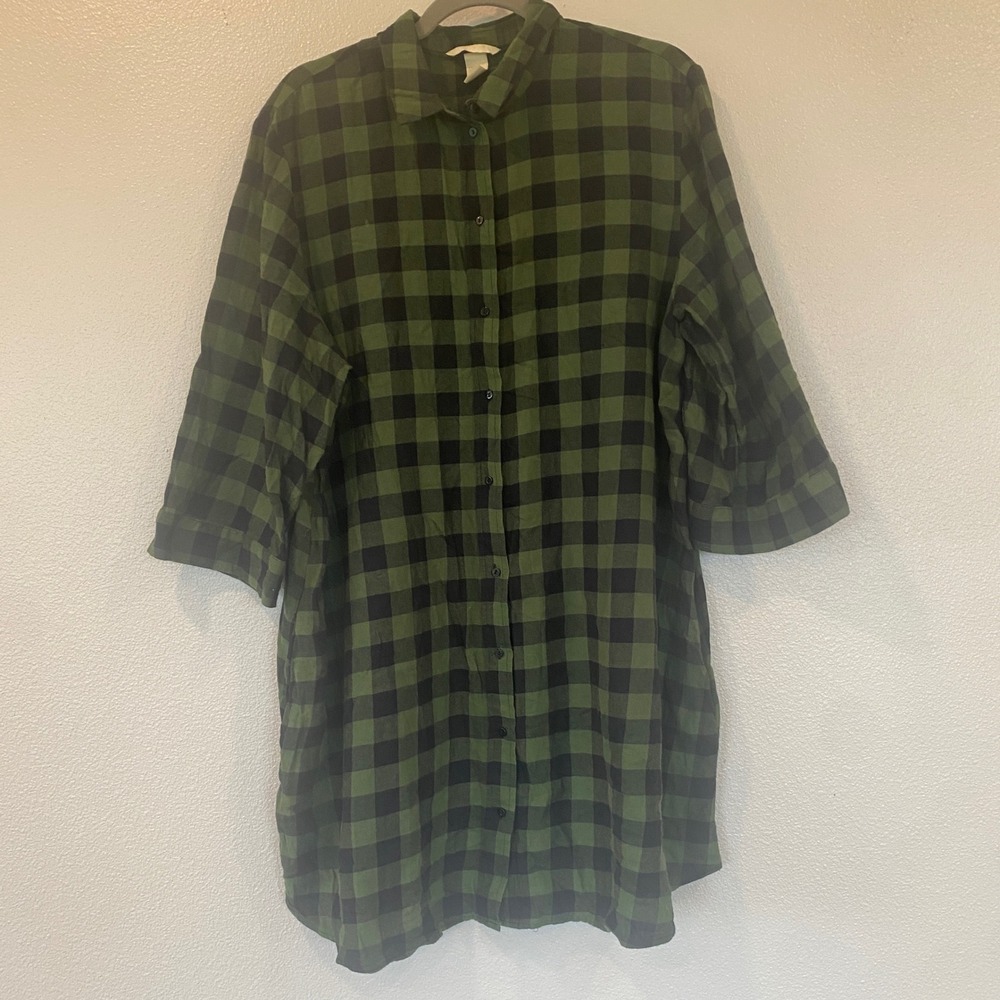 H&M Green Black Buffalo Plaid Button Down Shirt Dress 3/4 Sleeve Size 14